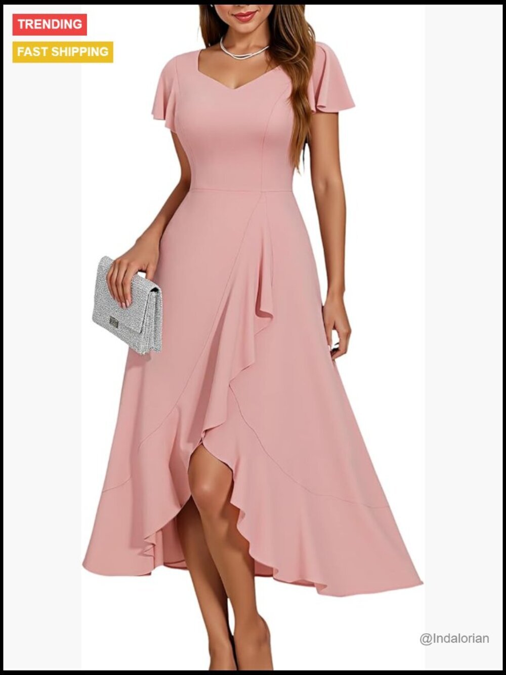 V-Neck Ruffle Sleeve Cocktail Dress with High-Low Hemline